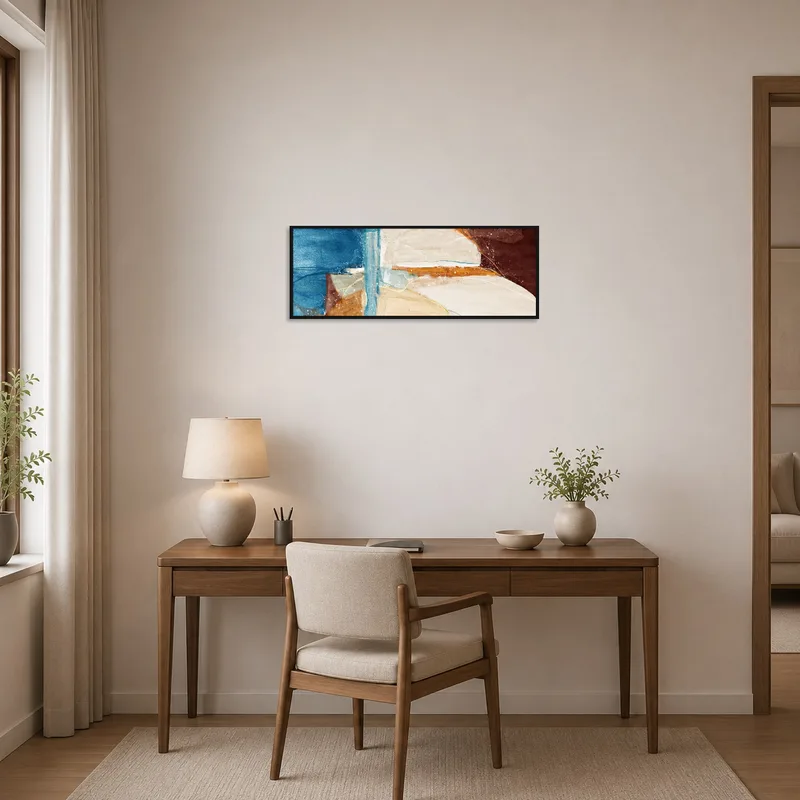 Earth-tone watercolor landscape creates ambiance in a modern home office.