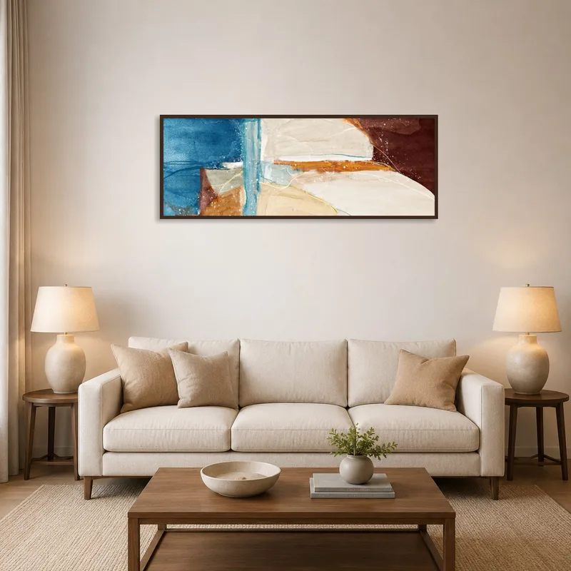 Abstract watercolor landscape with earth tones in a cozy living room setting.