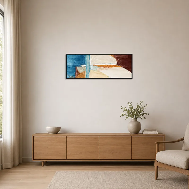 Earth-toned abstract landscape adding warmth to a minimalist room design.