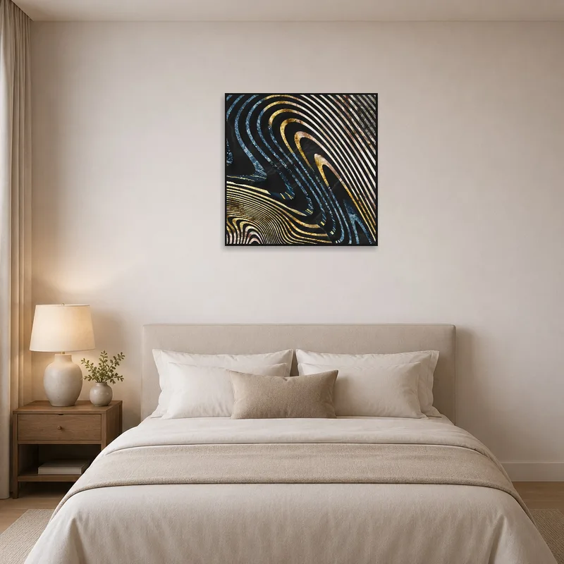 A bedroom decorated with soothing abstract waves in gold and blue tones.