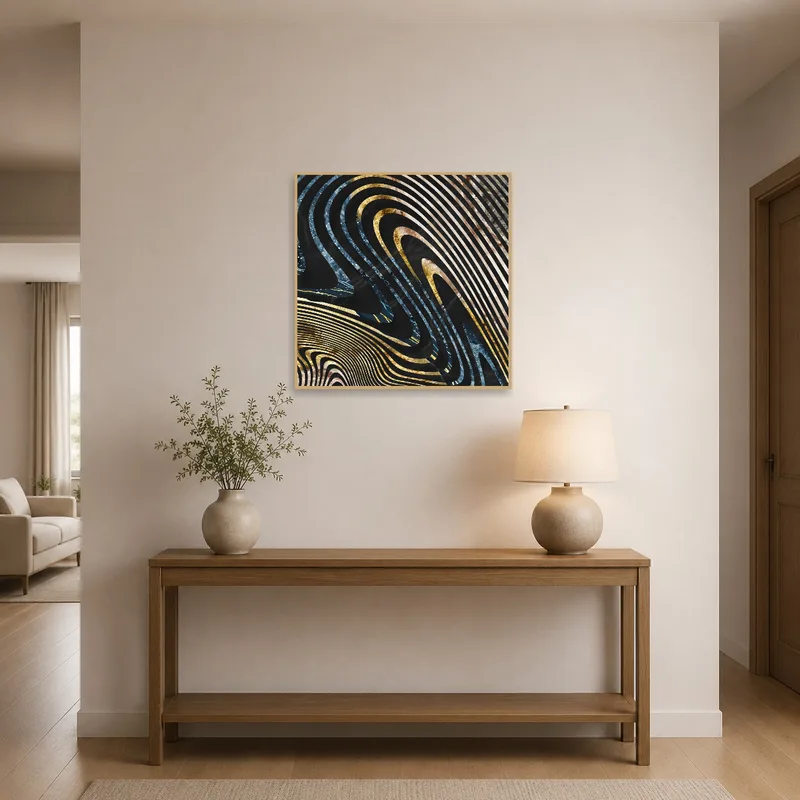 An entrance hall enhanced by an artwork of abstract waves in gold and blue tones.