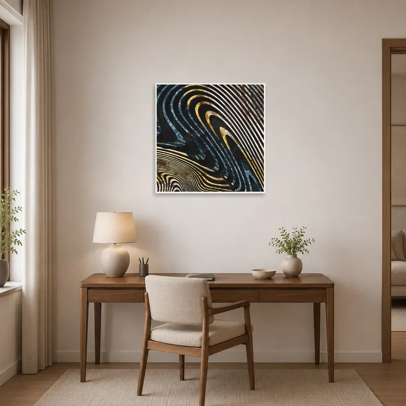 A home office with a vibrant piece of abstract waves in gold and blue tones.
