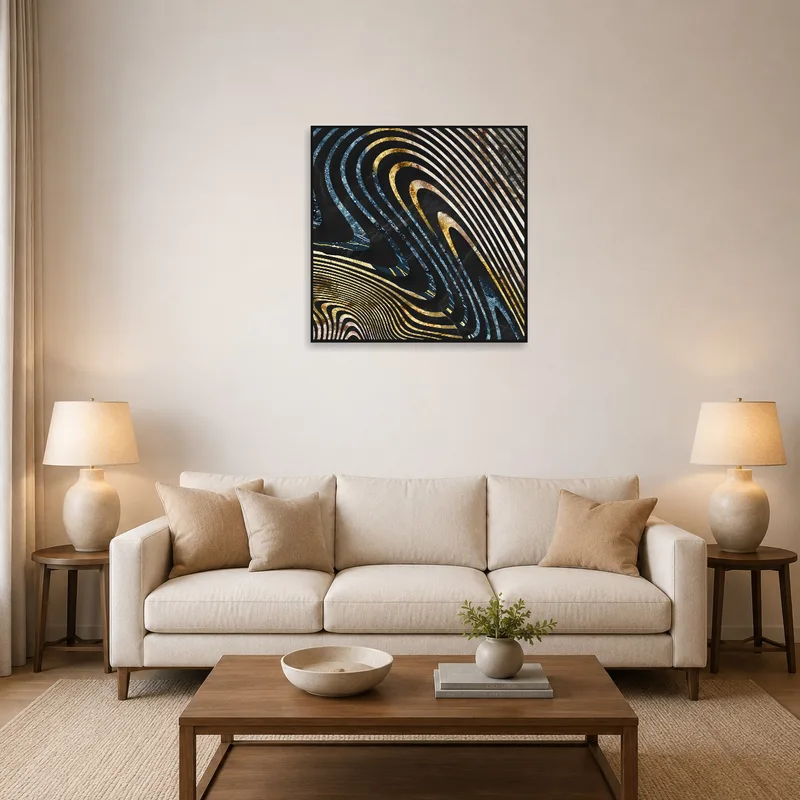 A living room featuring a striking artwork of abstract waves in gold and blue tones on the wall.