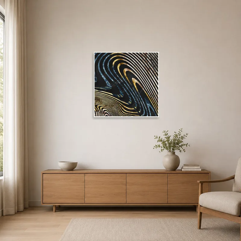 A minimalist room showcasing abstract waves in gold and blue tones as the focal piece.