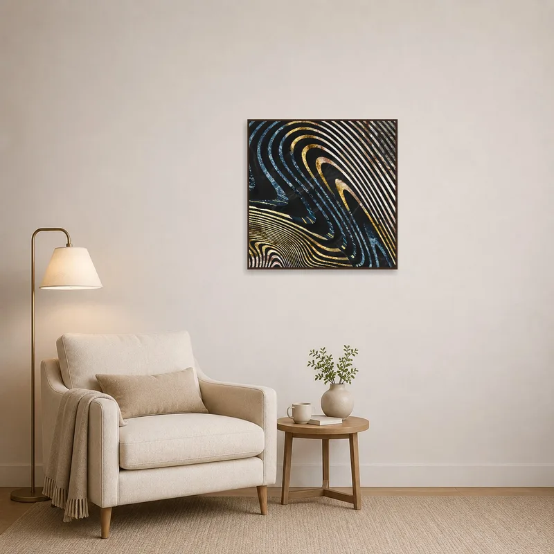 A reading corner with calming abstract wave patterns in gold and blue on the wall.