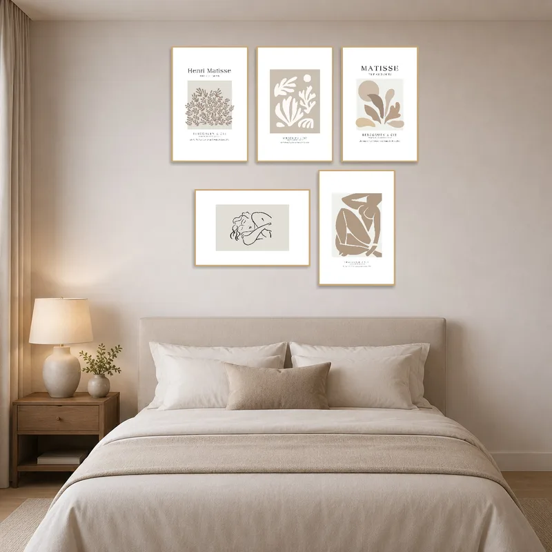 Set of iconic inspired cut-outs adding character to a serene bedroom.