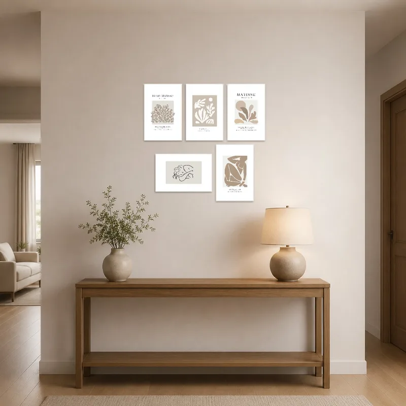 Eye-catching cut-out art in a stylish entrance hall with warm lighting.