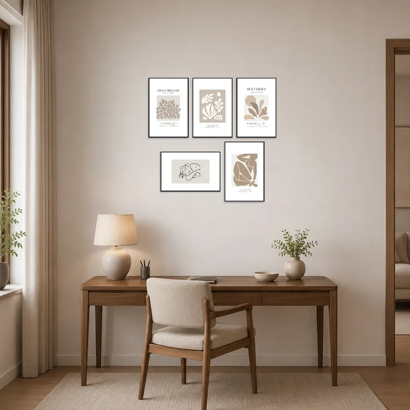 Creative cut-out artwork enhancing a contemporary home office space.