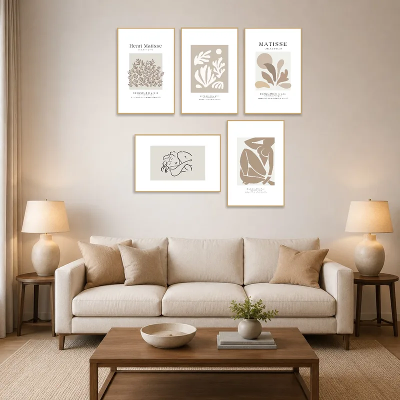 Artistic cut-outs set hung on a living room wall with modern furniture.