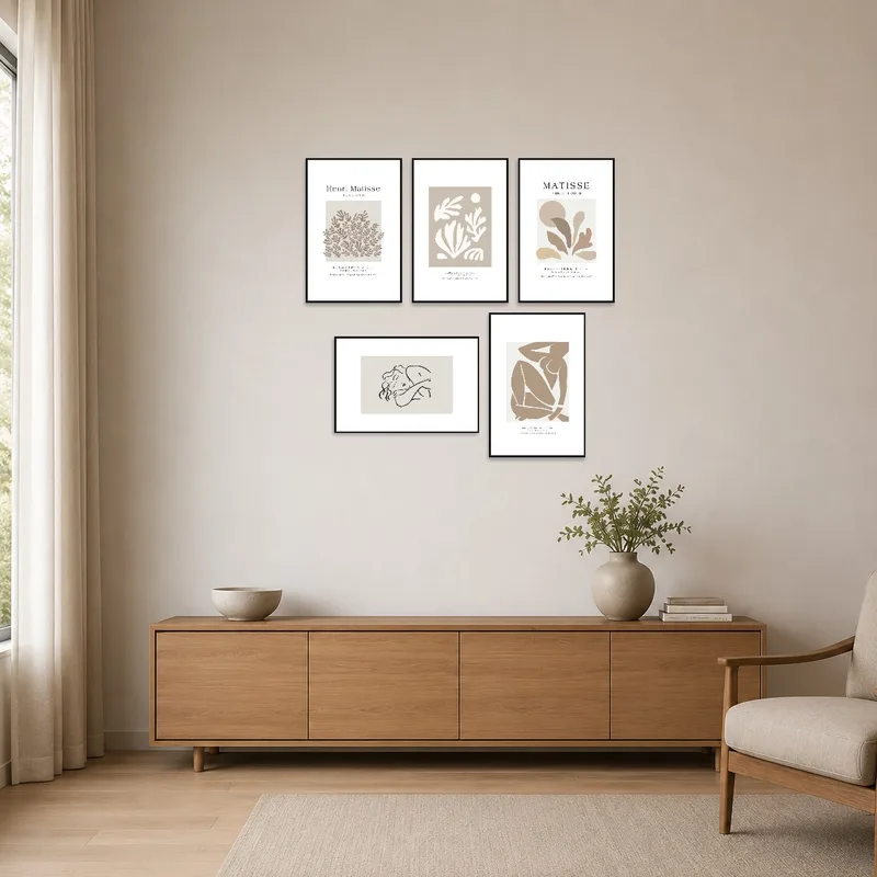 Cut-out designs complement minimalist room with clean lines and neutral tones.