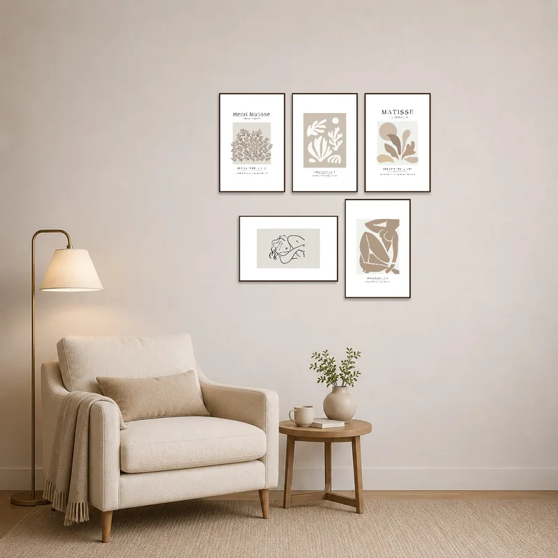 Artistic cut-outs mounted in a cozy reading corner with a comfy chair.
