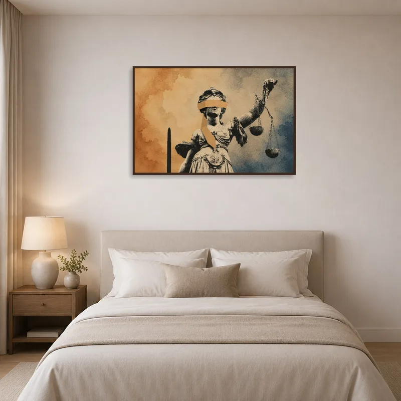 Blindfolded Justice statue art creating a serene ambience above a stylish bed.