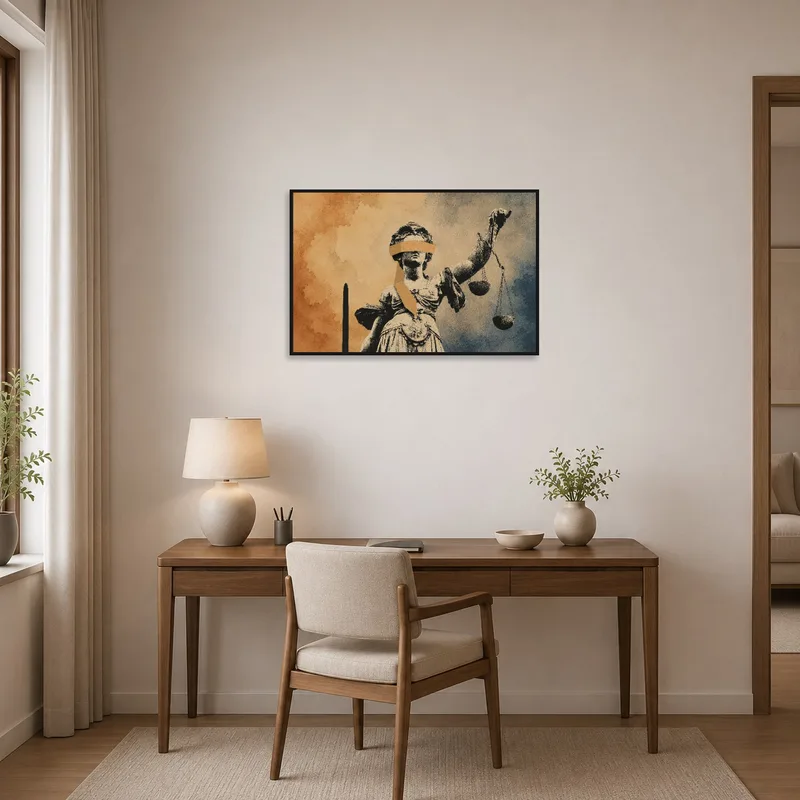 Blindfolded Justice statue art inspires focus in a contemporary home office setting.
