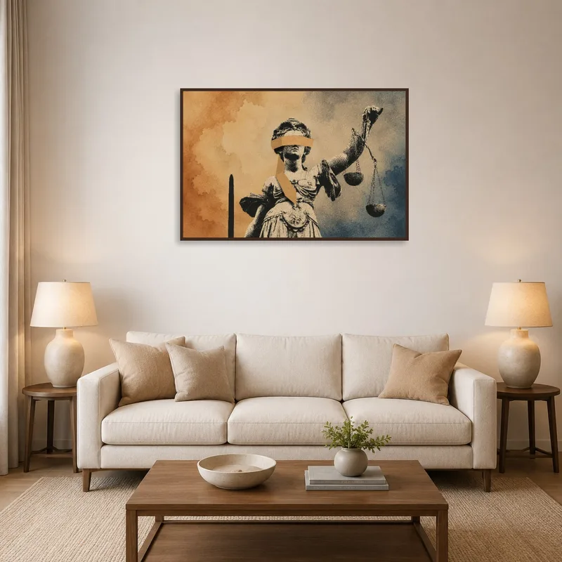 Blindfolded Justice statue art displayed above a modern sofa with complementary cushions.