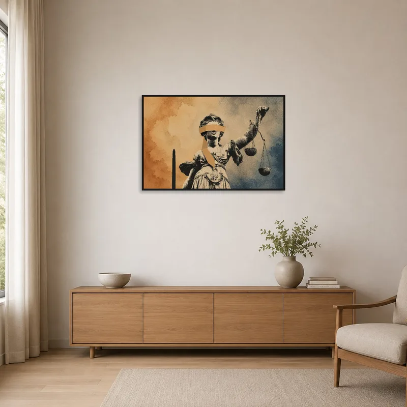 Blindfolded Justice statue art on a stark white wall, enhancing the minimalist aesthetic.