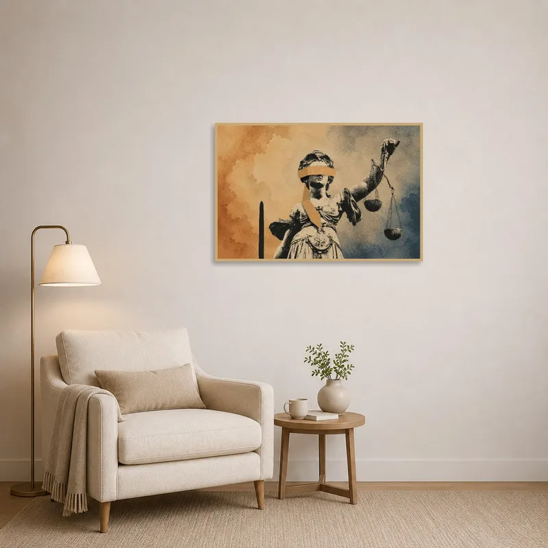 Blindfolded Justice statue art adding depth to a cozy reading nook with warm lighting.