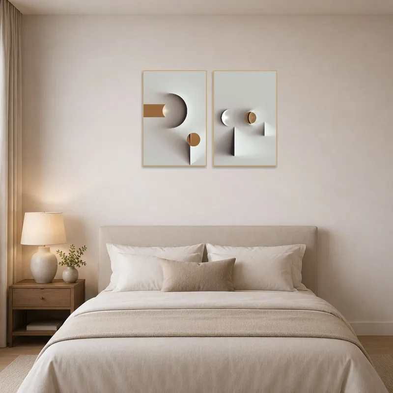 Set of minimalist geometric art adding sophistication to a serene bedroom.