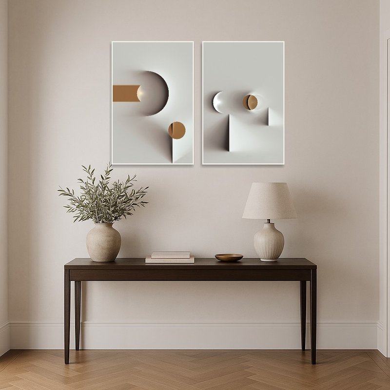 Abstract geometric art with soft colors greeting in an entrance hall.