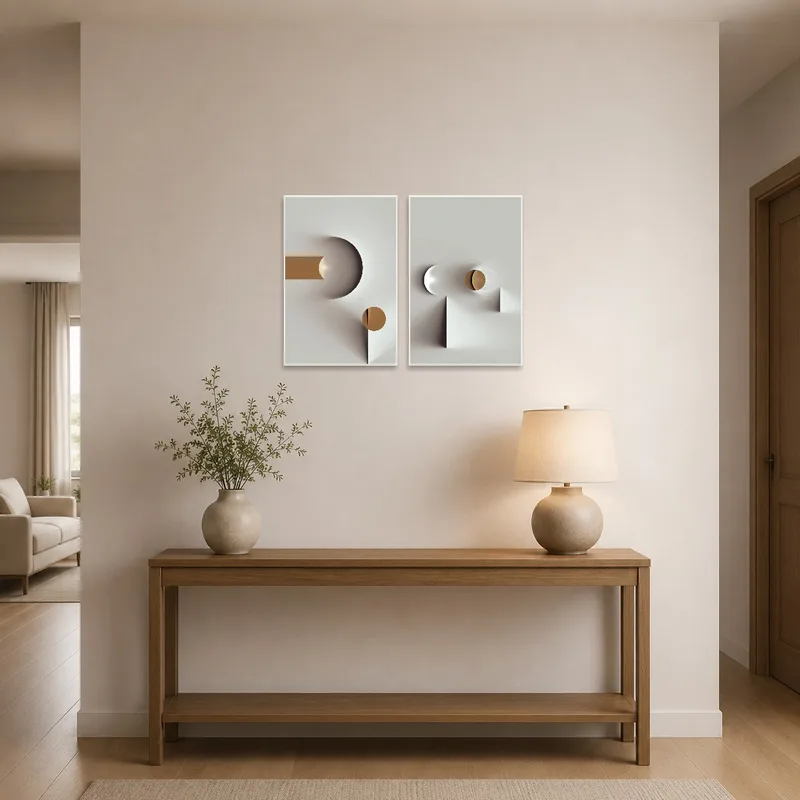 Series of abstract geometric pieces enhancing the entrance hall's sleek design.