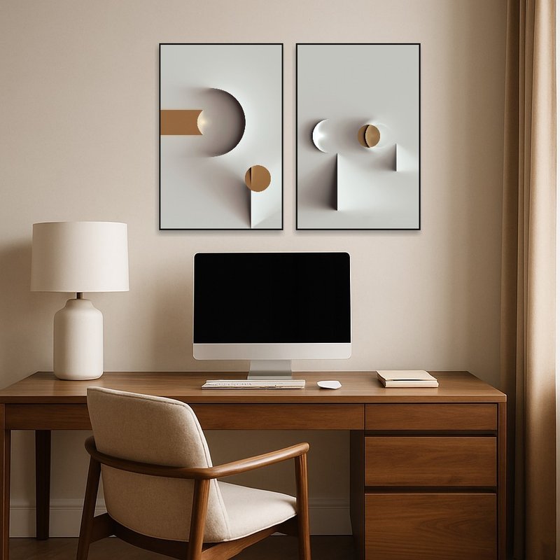 Neutral-toned geometric abstract art accentuating a home office wall.