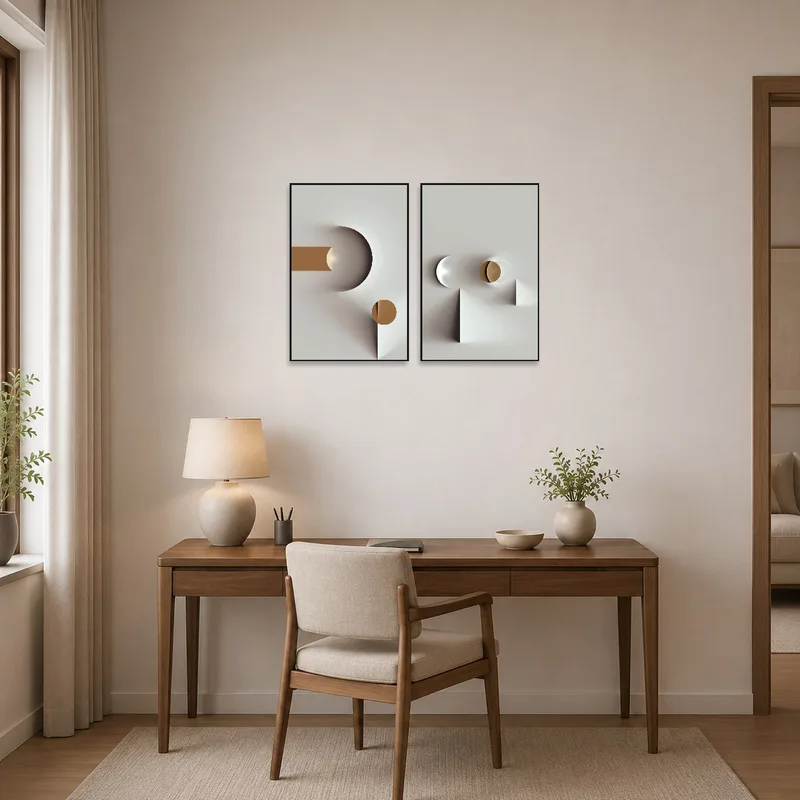 Abstract geometry art set energizing a contemporary home office space.