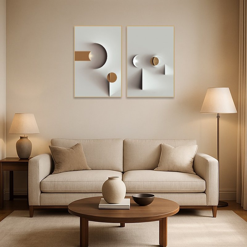 Geometric abstract art with neutral tones in a stylish living room setting.