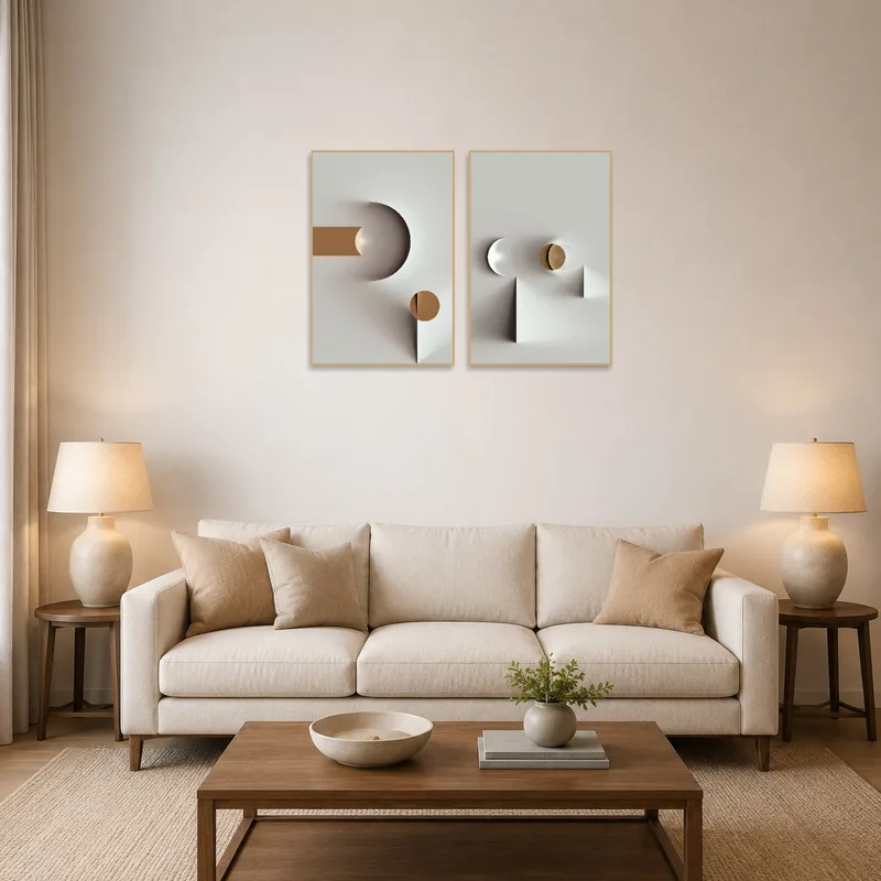 Abstract Minimalist Geometry Art Set displayed above a modern sofa in a living room.