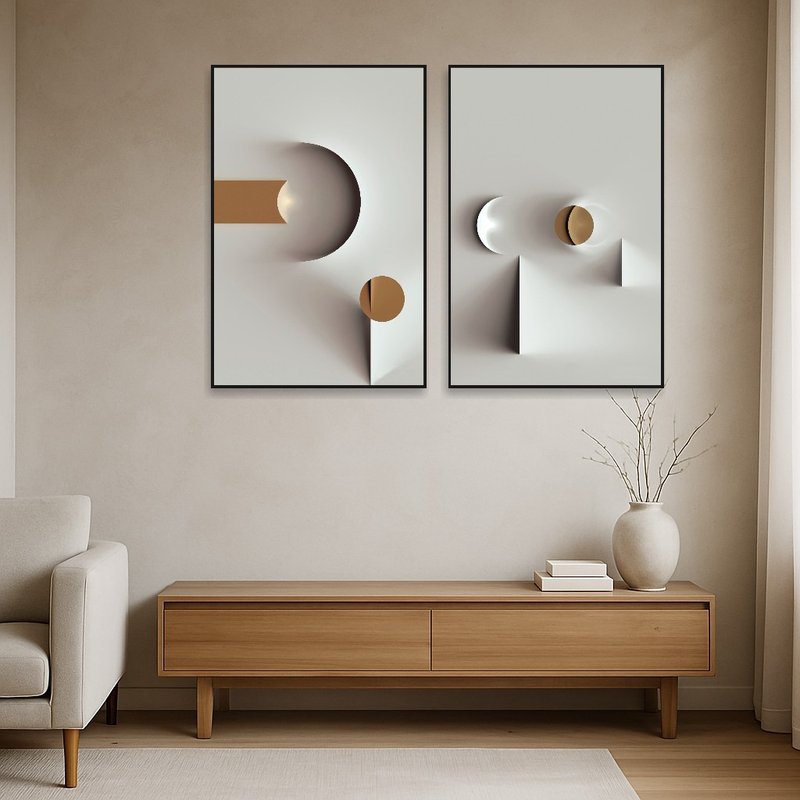 Neutral tone geometric abstract art enhancing a minimalist space.