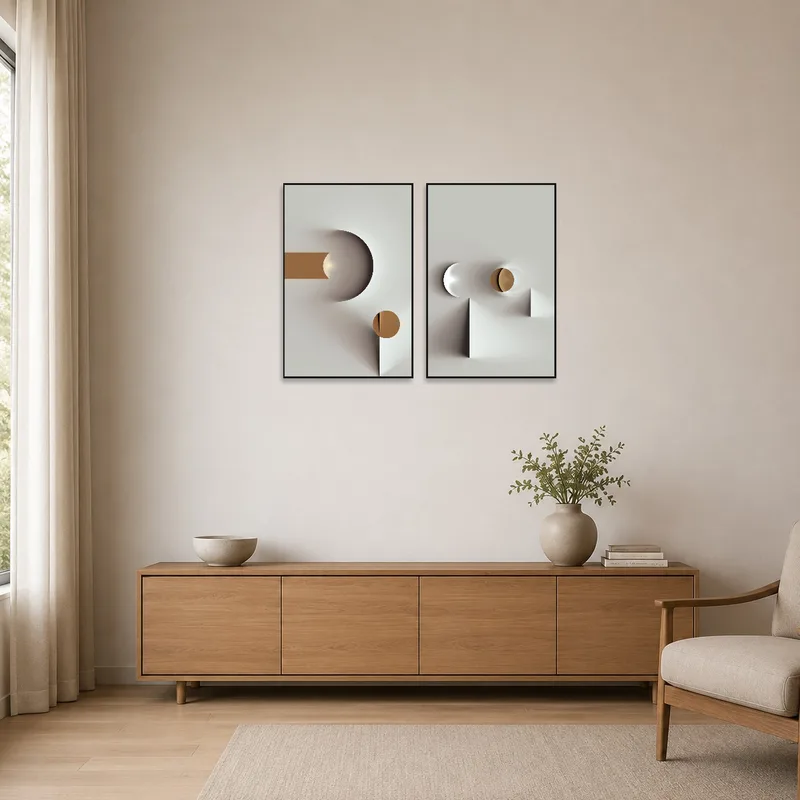 Art set with geometric abstract designs on a stark white wall in a minimalist room.