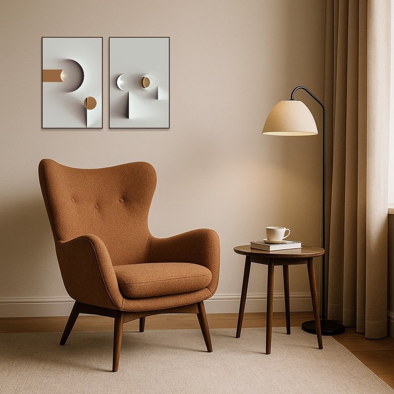 A cozy reading corner featuring neutral geometric abstract on the wall.