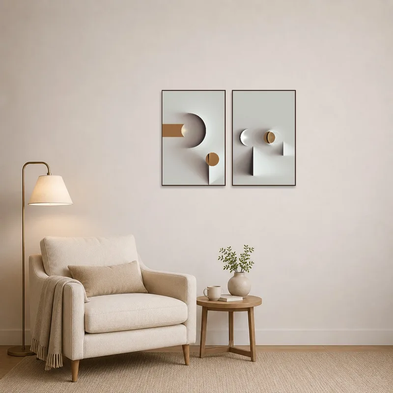 Elegant geometric art series hanging in a cozy reading corner with a comfy chair.