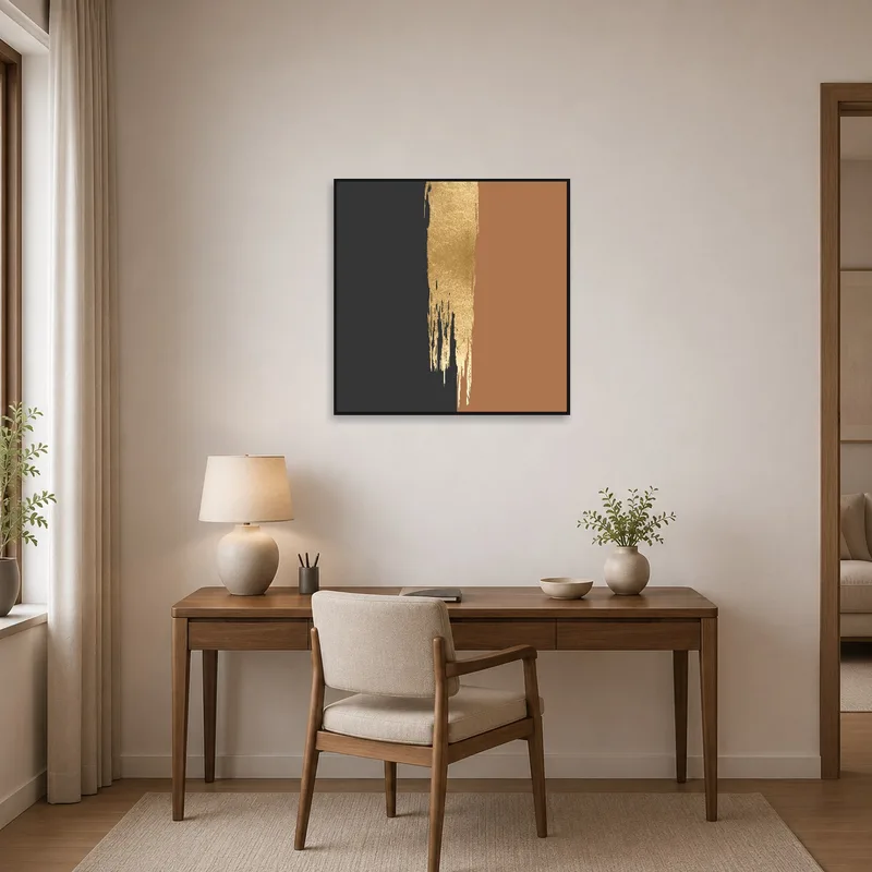 Dynamic abstract painting energizing a productive home office.