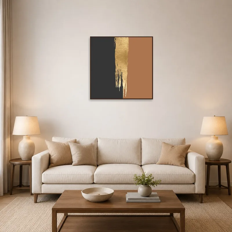 Warm-hued abstract artwork above a sofa in a cozy living room.