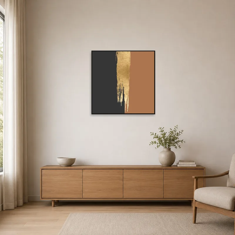 Vibrant abstract piece contrasting with a minimalist space.