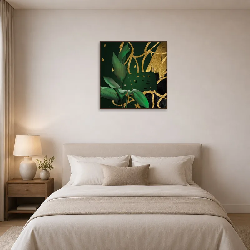 Bedroom showcasing calming botanical art with elegant gold details.