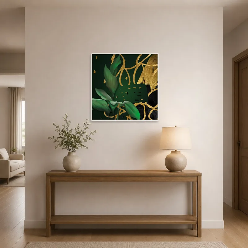Entrance hall featuring a botanical piece with gold accents for a welcoming look.