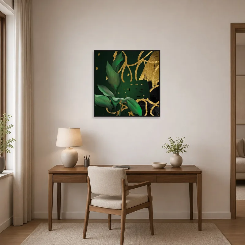 Home office featuring botanical fusion art with striking gold abstract elements.