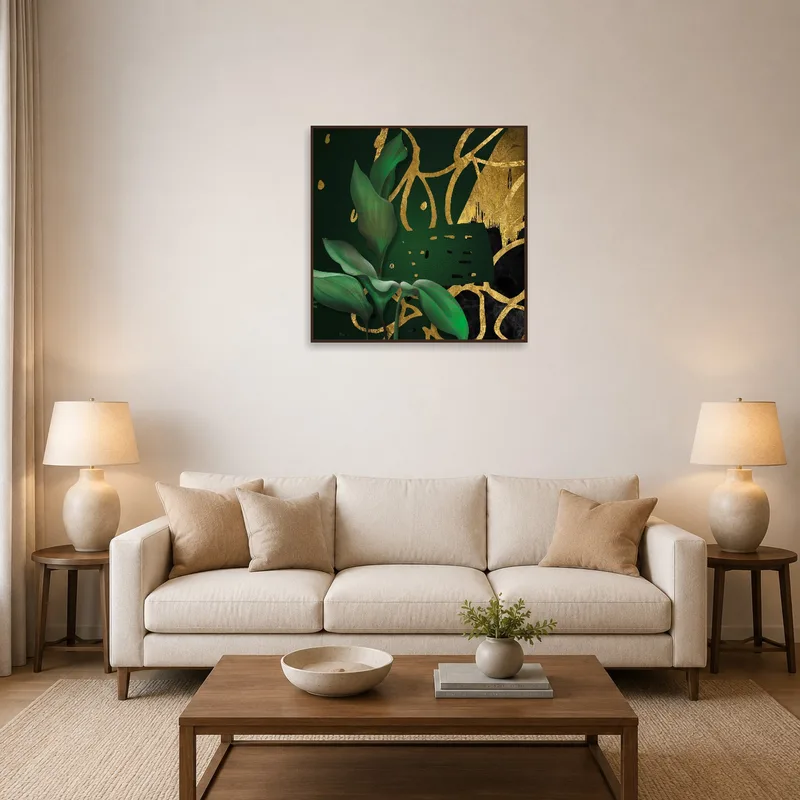 Botanical fusion artwork with gold accents in a stylish living room setting.