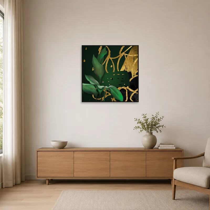 Minimalist room highlighting botanical art with subtle gold abstract touches.