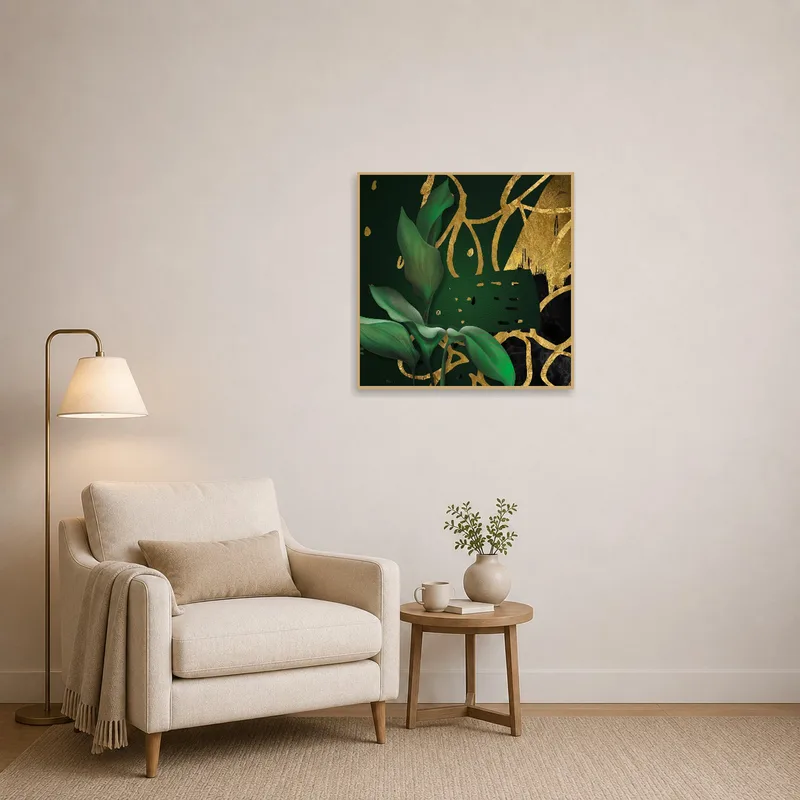 A cozy reading corner adorned with a botanical fusion and gold abstract art piece.