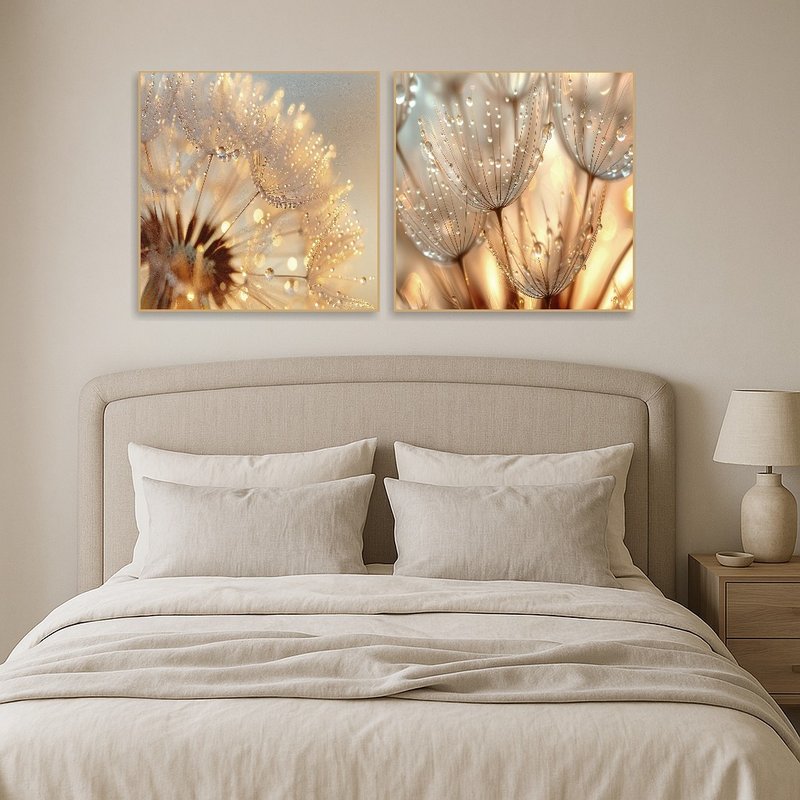 Bedroom wall highlighted by dandelion macro print, offering a soothing ambience.