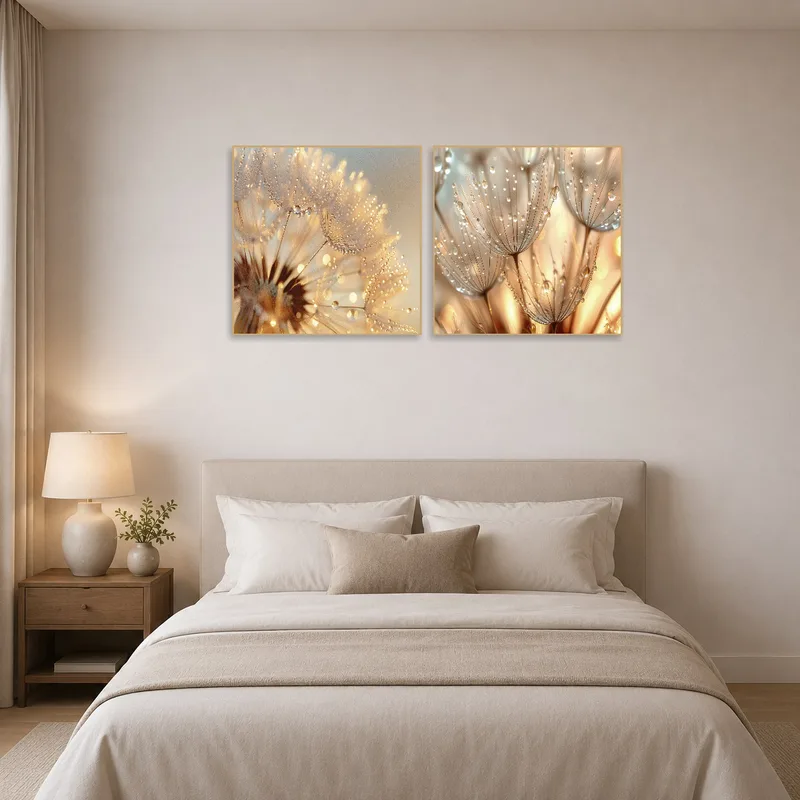 Dandelion macro photography set creating a calming atmosphere in the bedroom.
