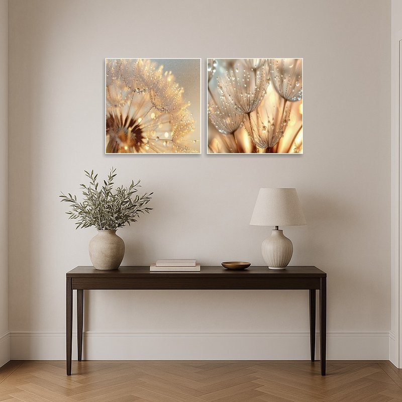 Entrance hall features a captivating dandelion print welcoming guests with elegance.