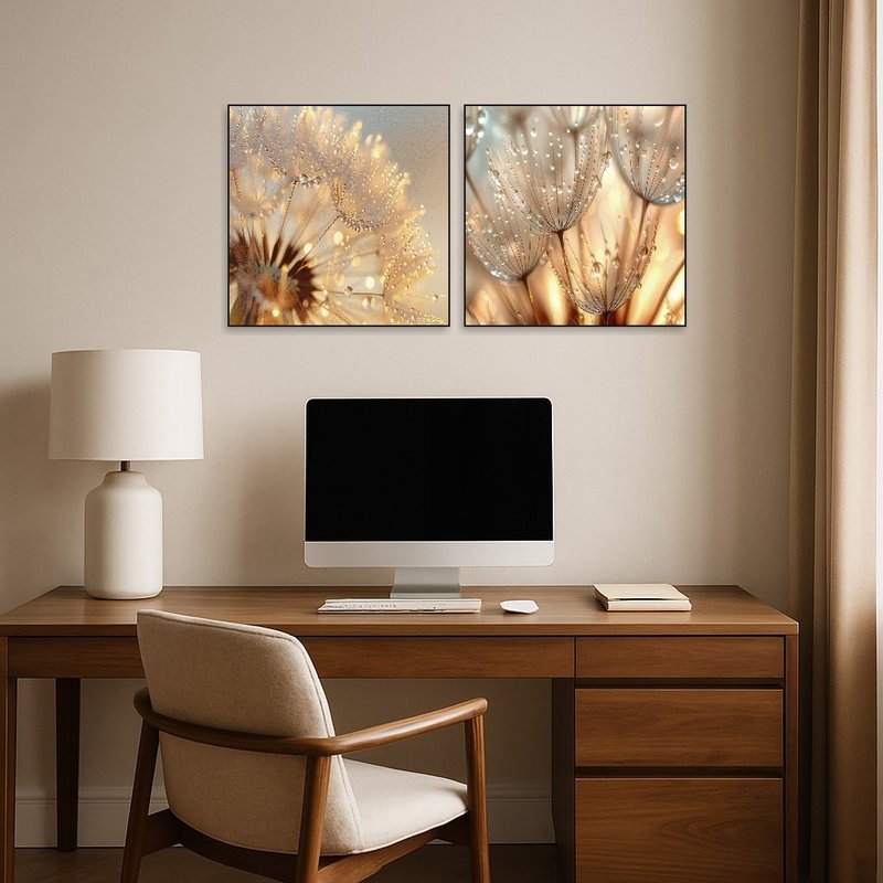 Home office receives a touch of nature with dandelion macro set for a relaxed atmosphere.