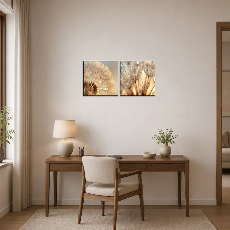 Macro dandelion photos bringing a touch of nature to a home office workspace.
