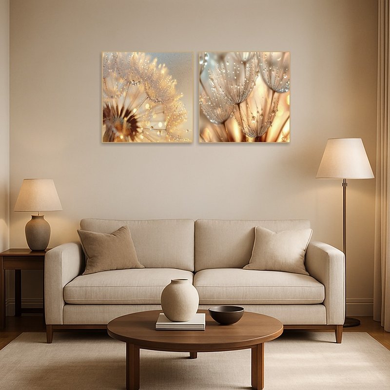 Elegant dandelion macro set adds a serene touch to the living room above the sofa.