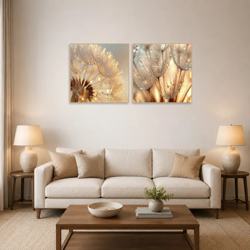 A macro dandelion photo set displayed in a living room above a modern sofa.