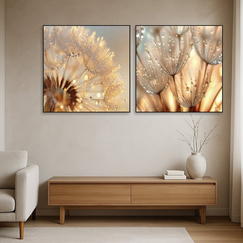 Minimalist space enhanced by a close-up dandelion photo, showcasing intricate details.