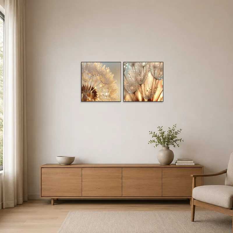 Elegant dandelion macro photos on a minimalist wall in a sleek, simple space.