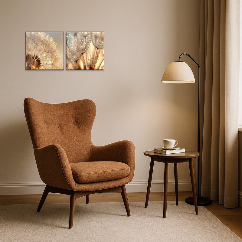 Reading corner adorned with delicate dandelion photography creating a calming nook.